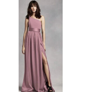 Vera Wang White Quartz One Shoulder Satin Belt Maxi Bridesmaid Dress Size 2